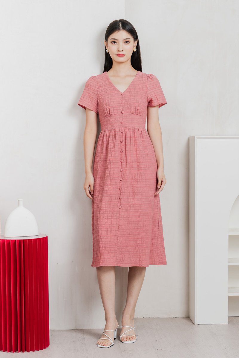Wish Textured Buttons Midi Dress In Rose Pink