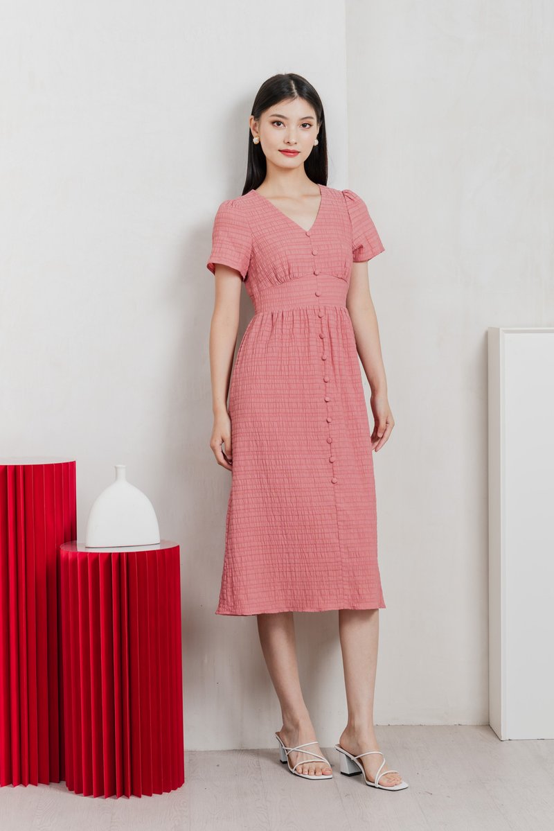 Wish Textured Buttons Midi Dress In Rose Pink