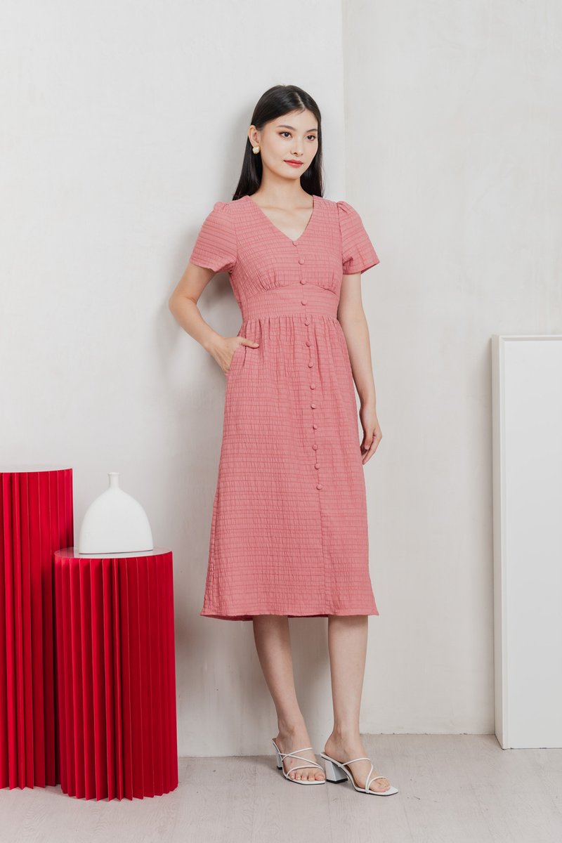 Wish Textured Buttons Midi Dress In Rose Pink