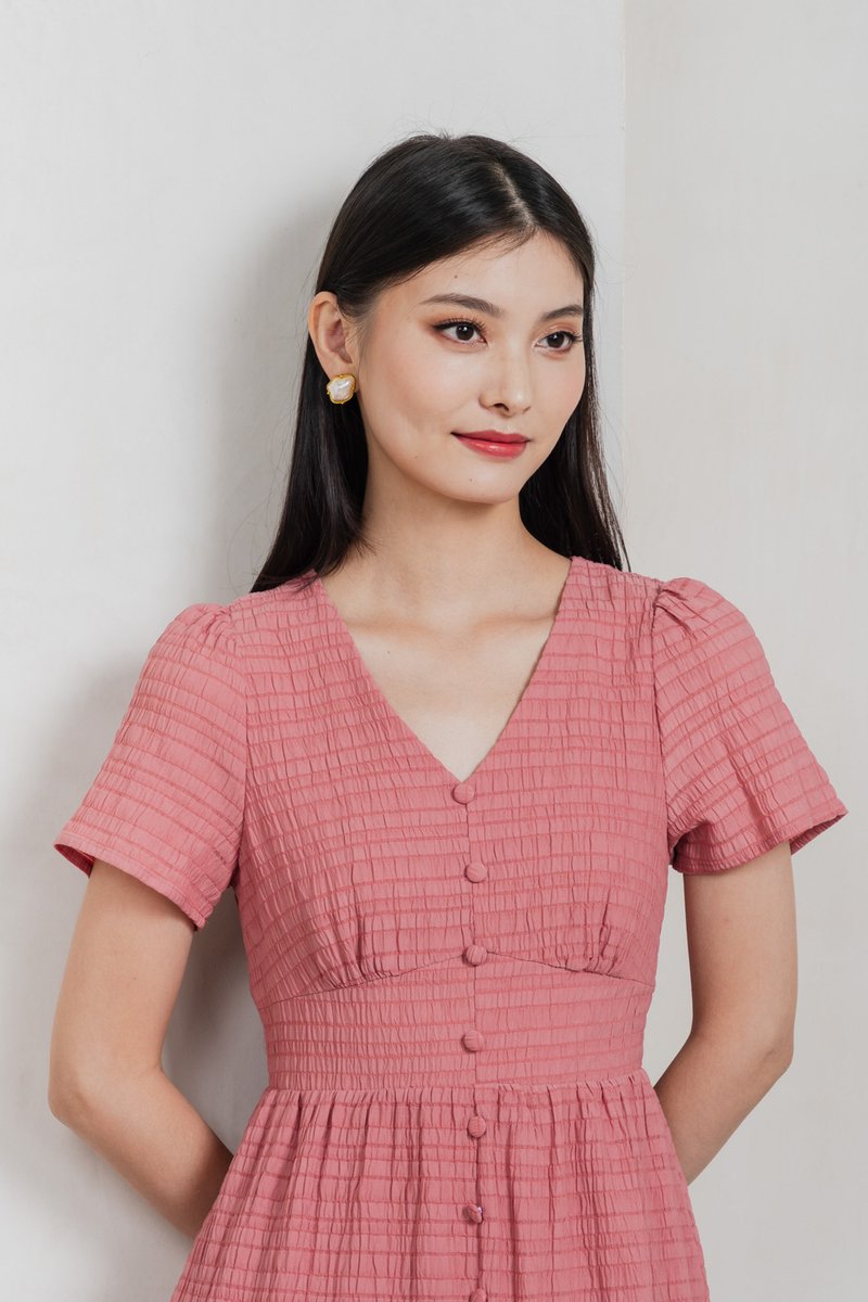 Wish Textured Buttons Midi Dress In Rose Pink
