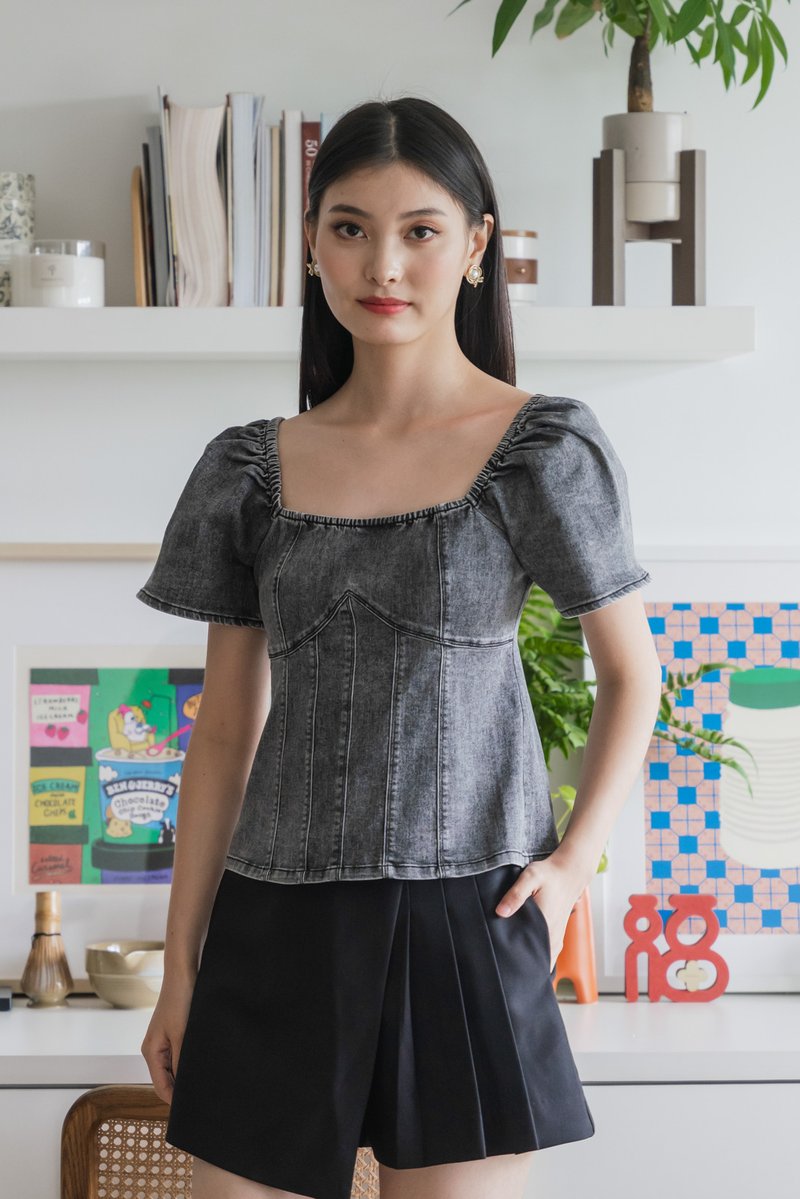 Prosper Denim Panelled Top In Stone