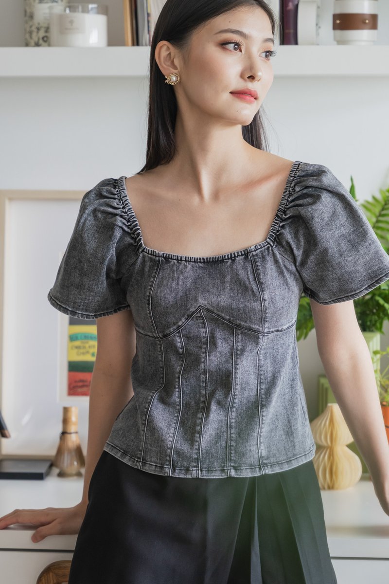 Prosper Denim Panelled Top In Stone