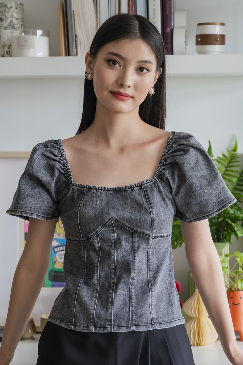 Prosper Denim Panelled Top In Stone