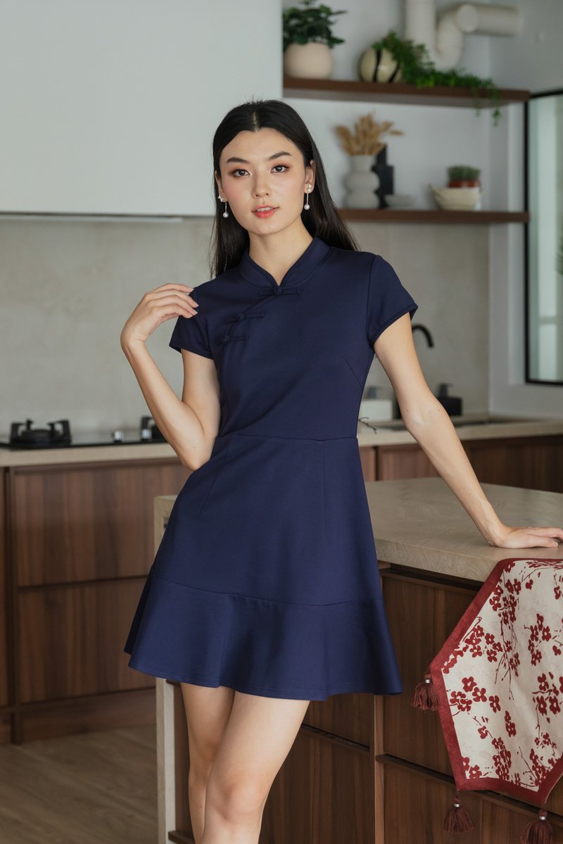 Marvel Cheongsam Dress In Navy
