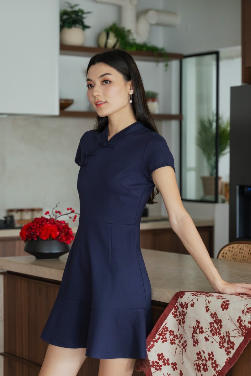 Marvel Cheongsam Dress In Navy