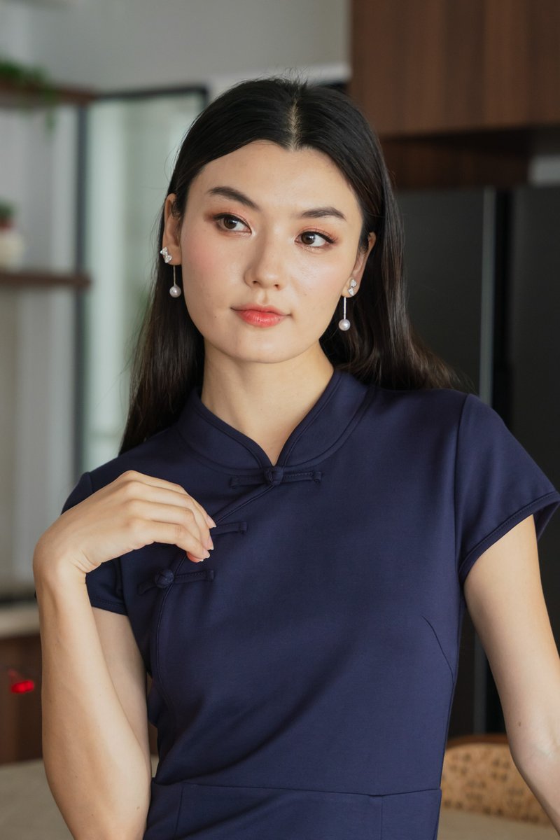 Marvel Cheongsam Dress In Navy