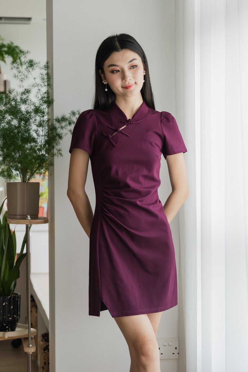 Festiva Side Ruched Cheongsam Dress In Plum