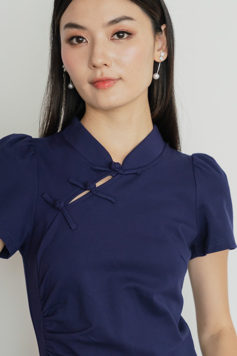 Festiva Side Ruched Cheongsam Dress In Navy