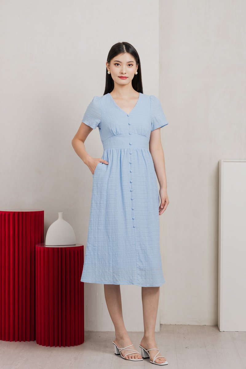 Wish Textured Buttons Midi Dress In Powder Blue