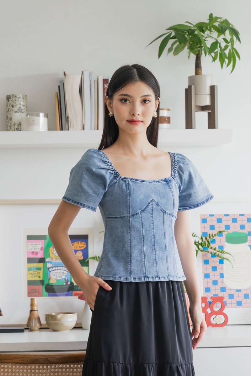 Prosper Denim Panelled Top In Denim Blue