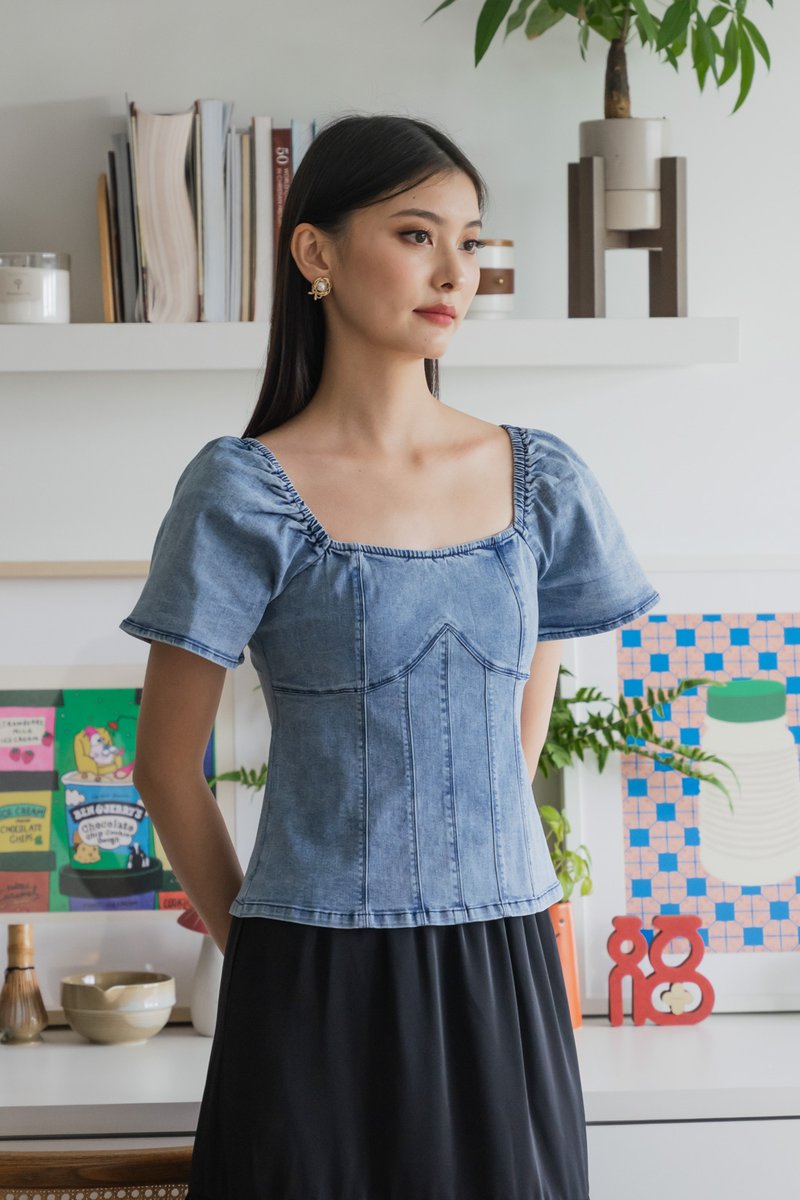 Prosper Denim Panelled Top In Denim Blue