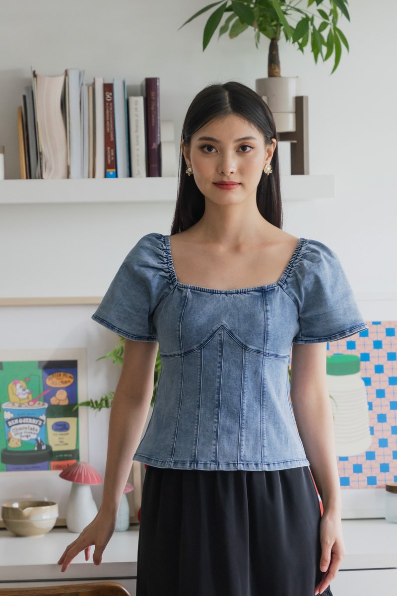 Prosper Denim Panelled Top In Denim Blue