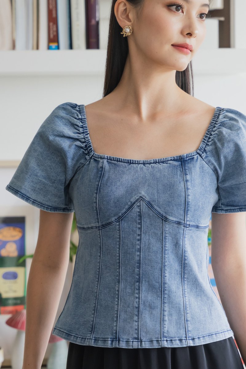 Prosper Denim Panelled Top In Denim Blue