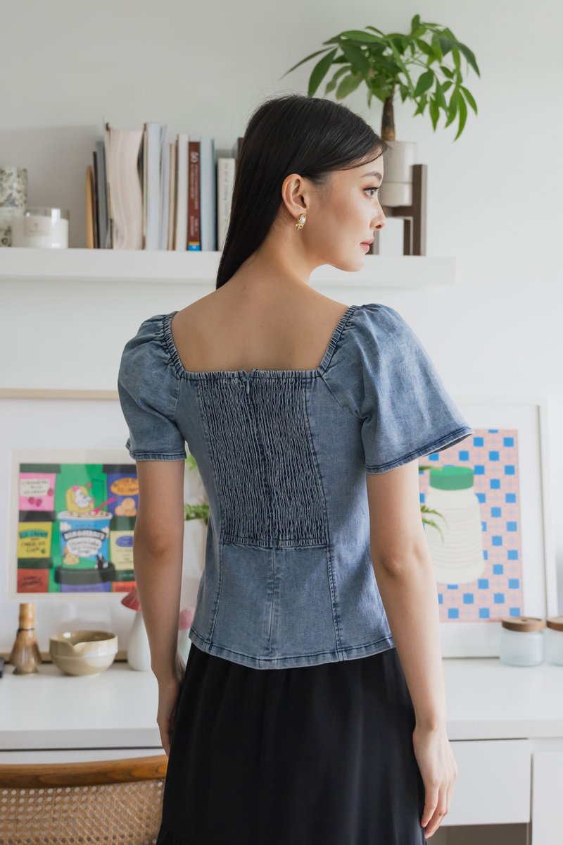Prosper Denim Panelled Top In Denim Blue
