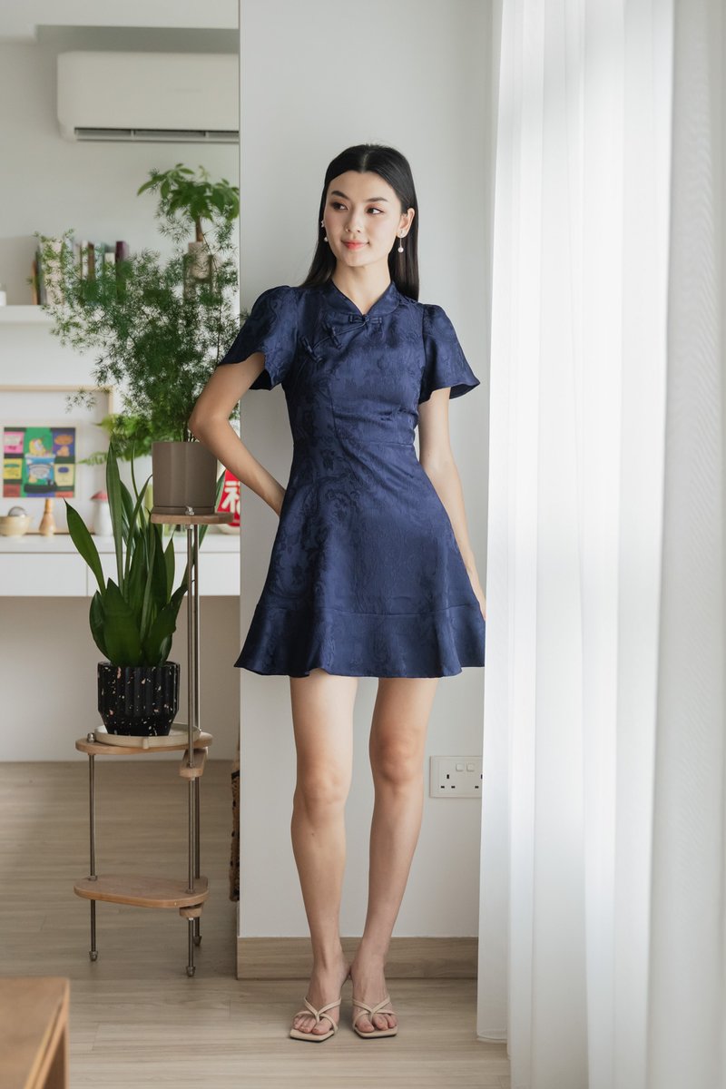 Allure Embossed Cheongsam Dress In Navy