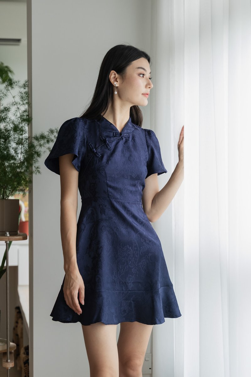 Allure Embossed Cheongsam Dress In Navy