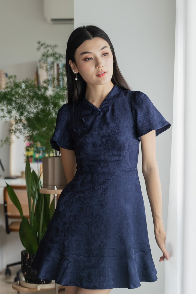 Allure Embossed Cheongsam Dress In Navy