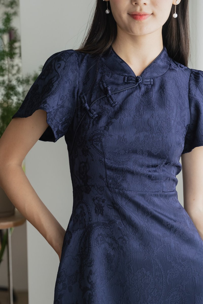 Allure Embossed Cheongsam Dress In Navy