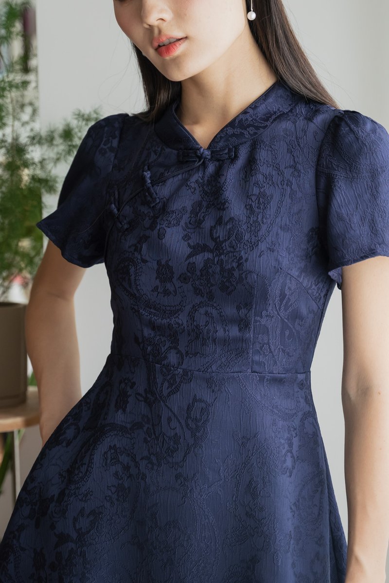Allure Embossed Cheongsam Dress In Navy