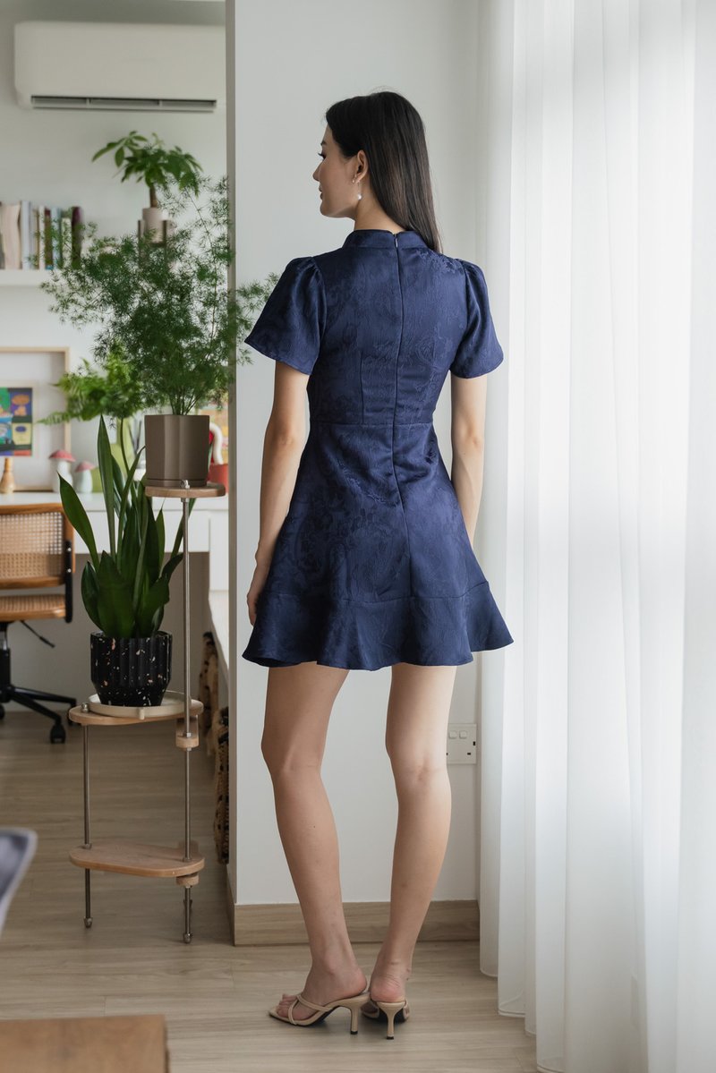 Allure Embossed Cheongsam Dress In Navy