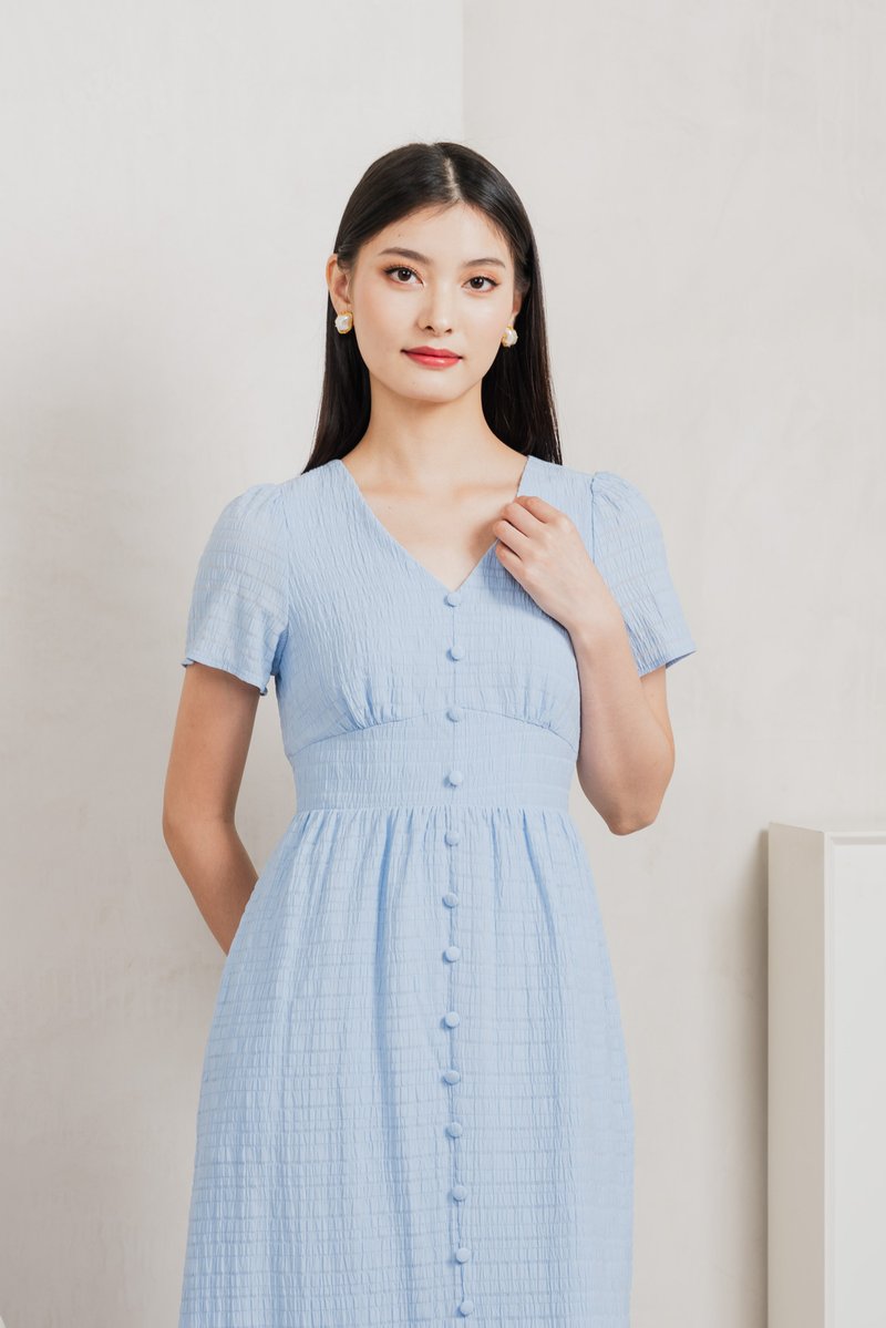 Wish Textured Buttons Midi Dress In Powder Blue