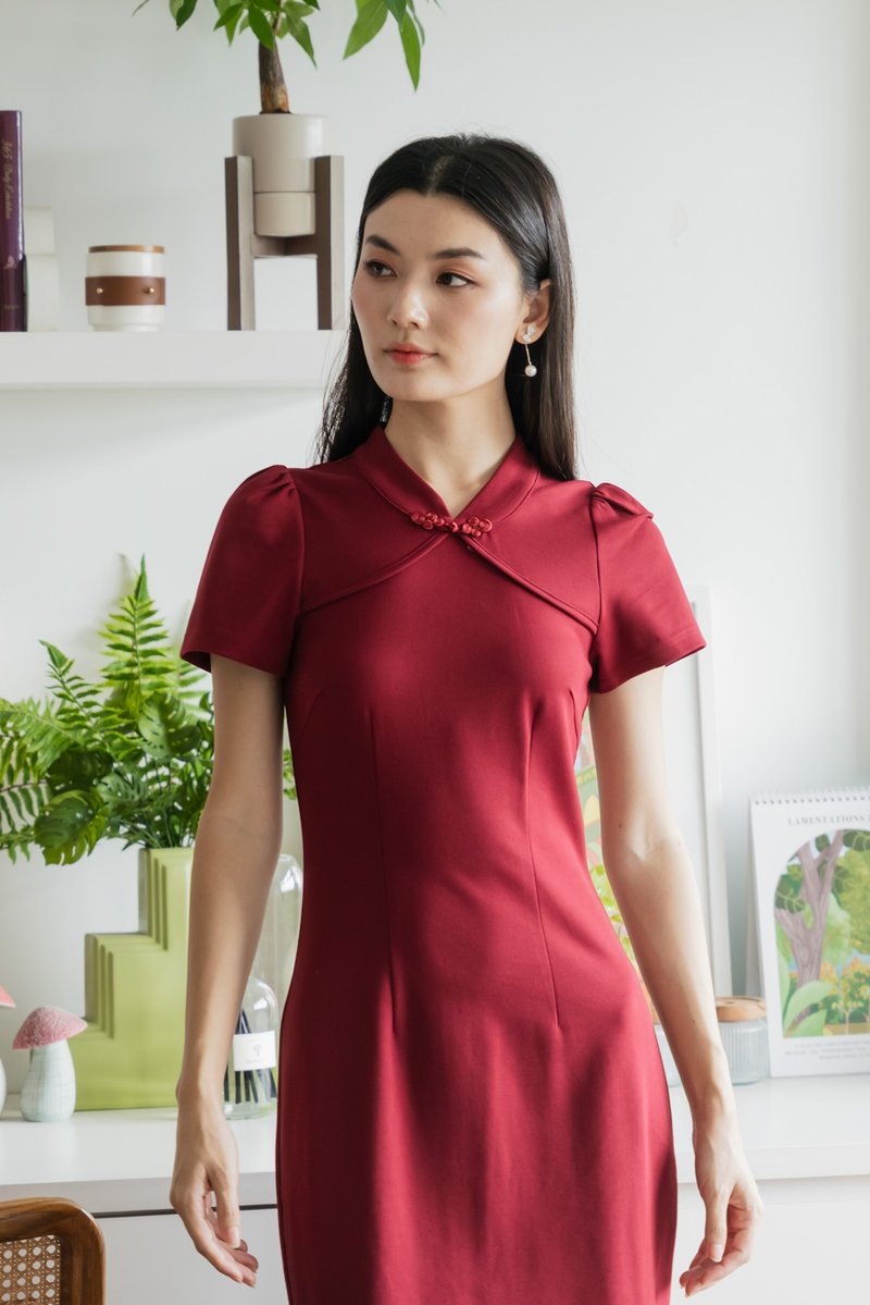 Majesty Cotton Qipao Midi Dress In Wine