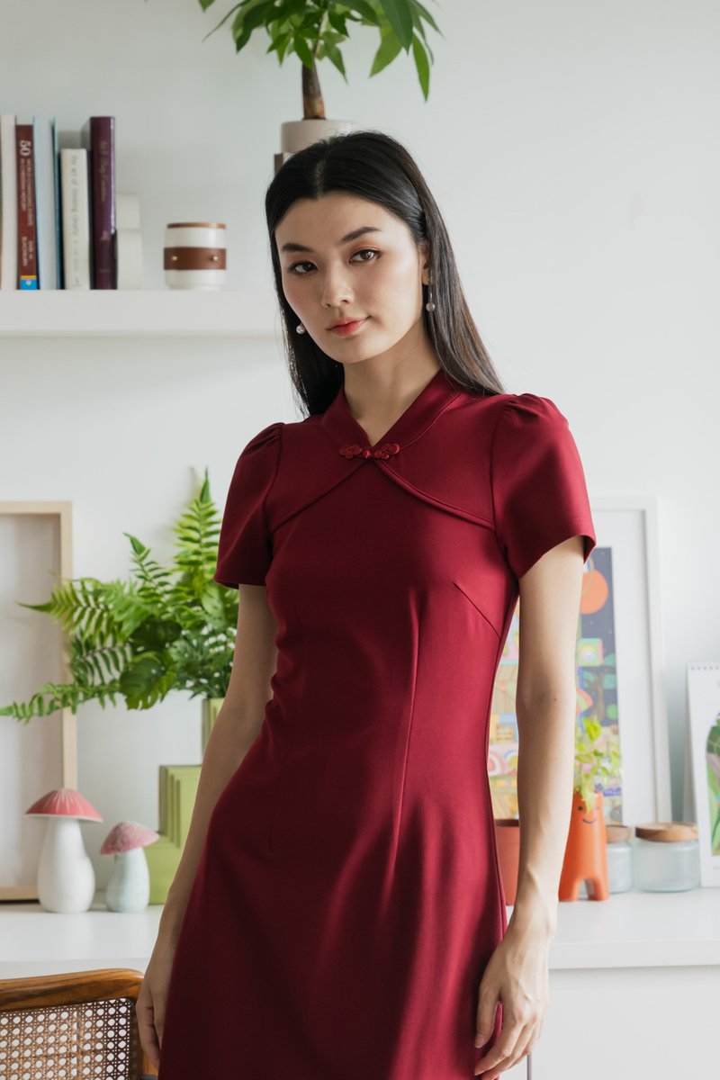 Majesty Cotton Qipao Midi Dress In Wine