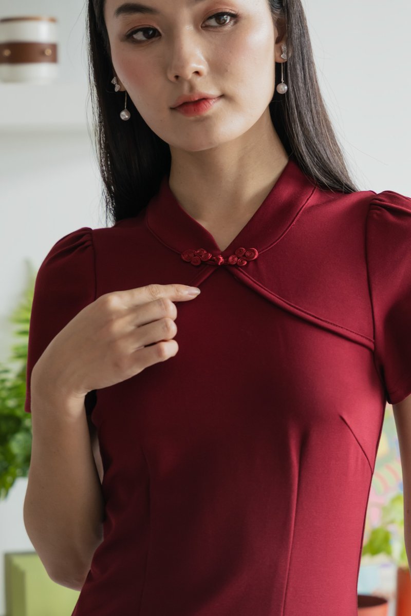 Majesty Cotton Qipao Midi Dress In Wine