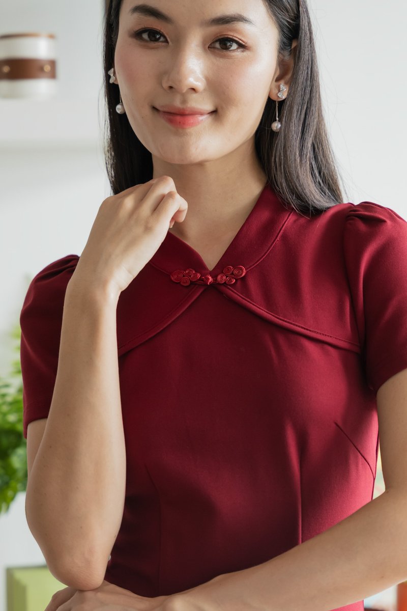 Majesty Cotton Qipao Midi Dress In Wine