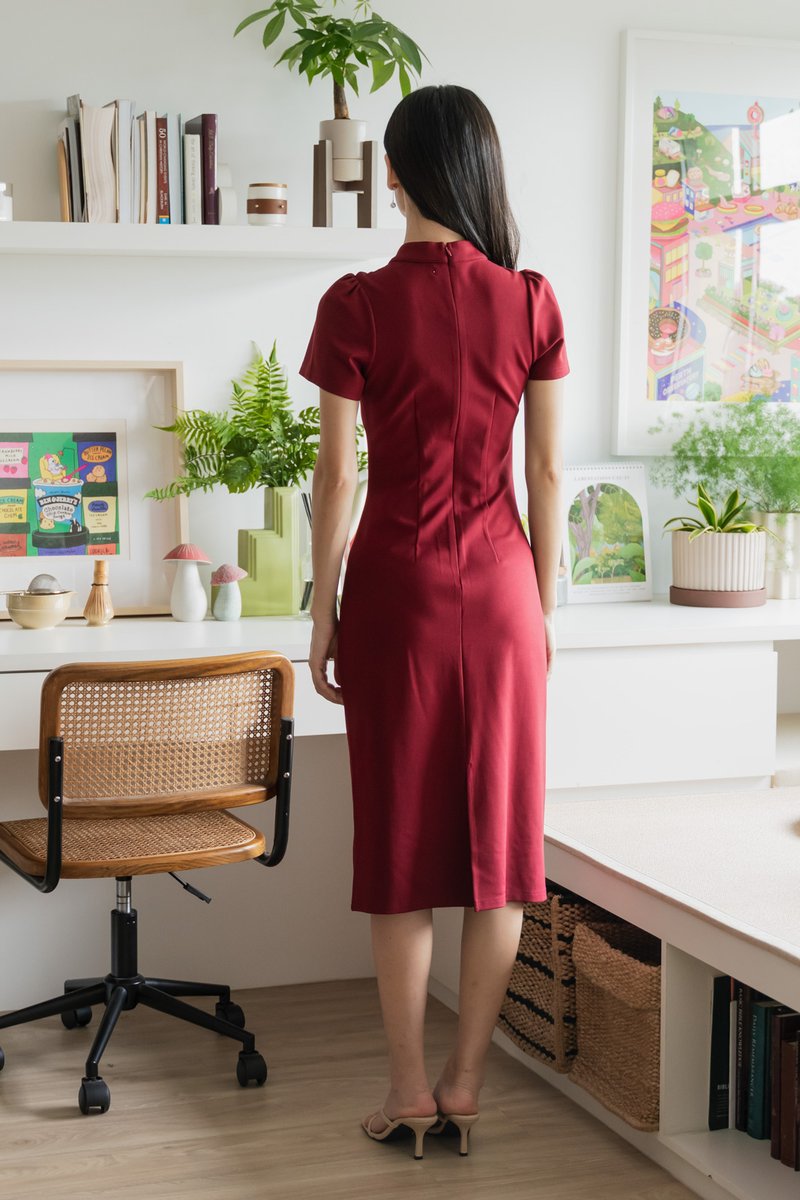 Majesty Cotton Qipao Midi Dress In Wine