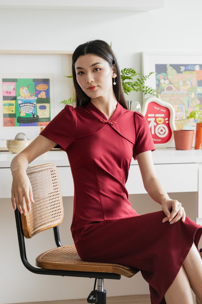 Majesty Cotton Qipao Midi Dress In Wine