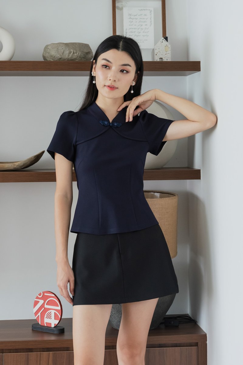 Majesty Cotton Qipao Top In Navy(XS)