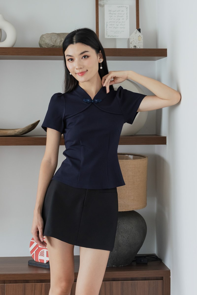 Majesty Cotton Qipao Top In Navy(XS)