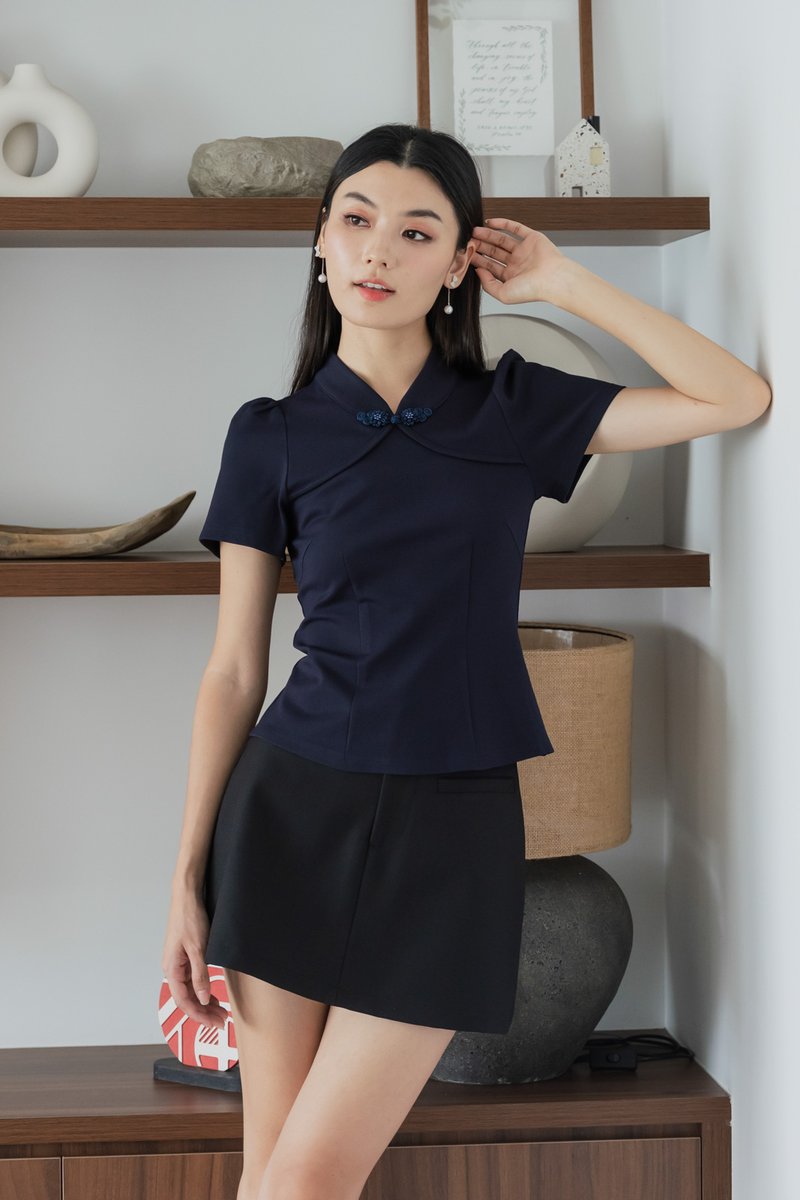 Majesty Cotton Qipao Top In Navy(XS)