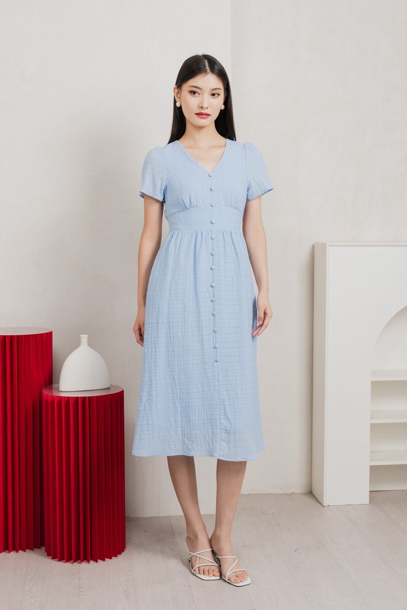 Wish Textured Buttons Midi Dress In Powder Blue