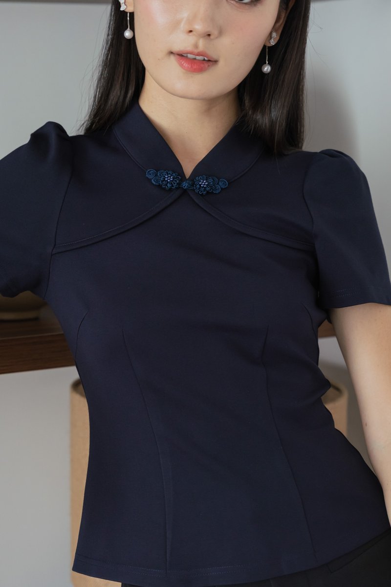 Majesty Cotton Qipao Top In Navy(XS)