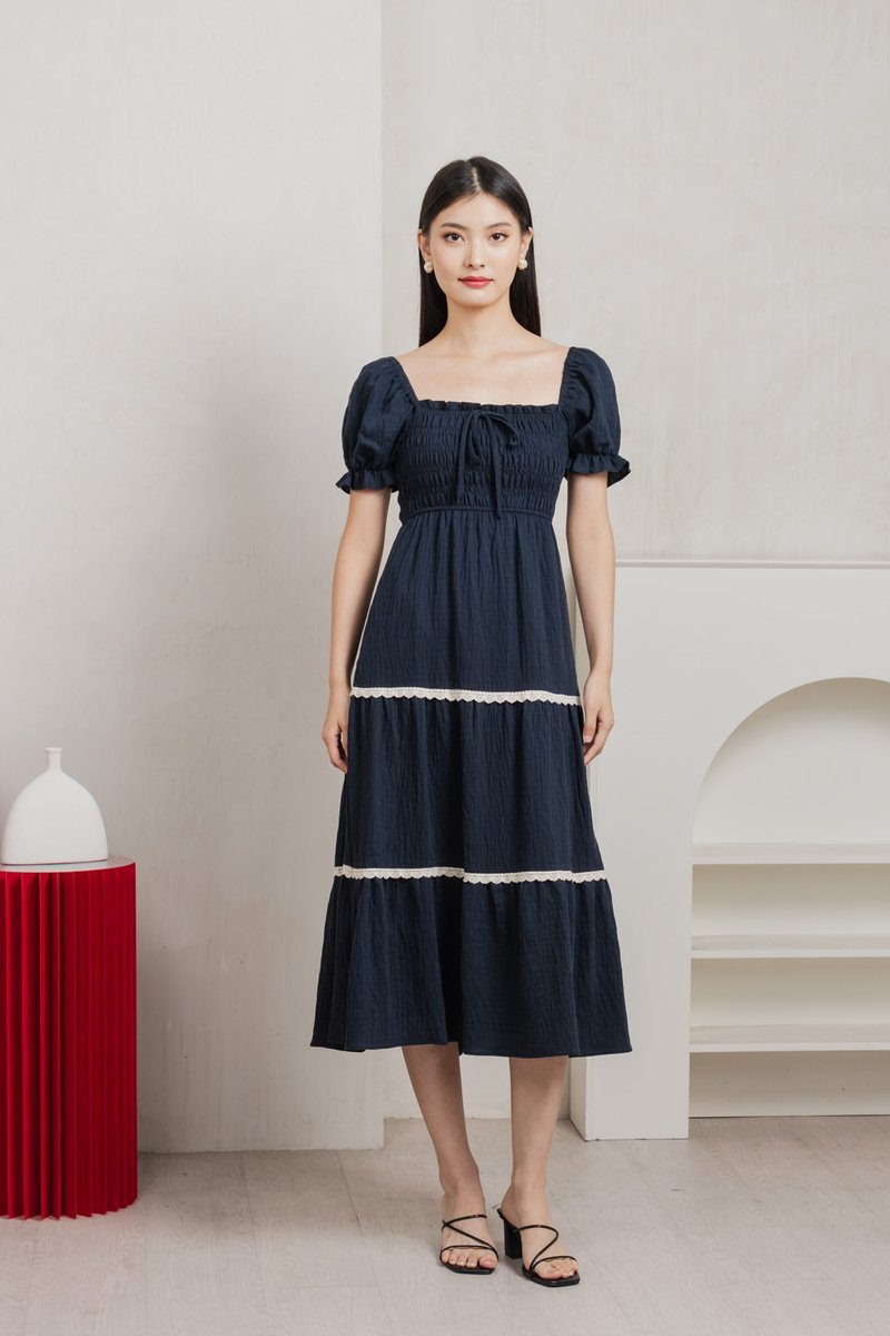 Mary Smocked Cottagecore Midi Dress In Navy