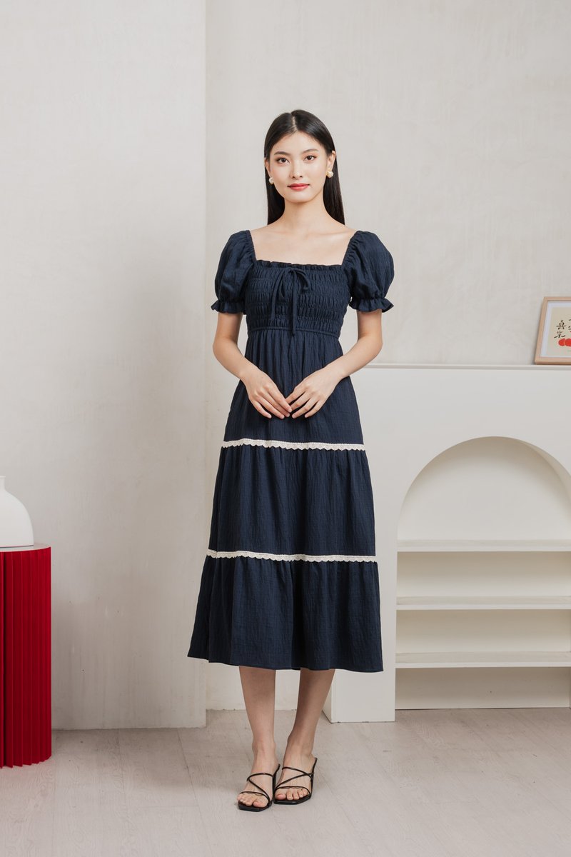 Mary Smocked Cottagecore Midi Dress In Navy