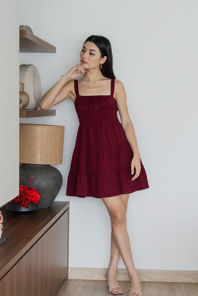 Sunrise Smocked Waist Tiered Dress In Wine