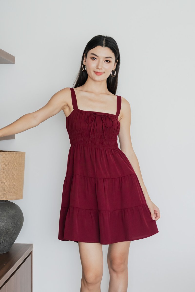 Sunrise Smocked Waist Tiered Dress In Wine