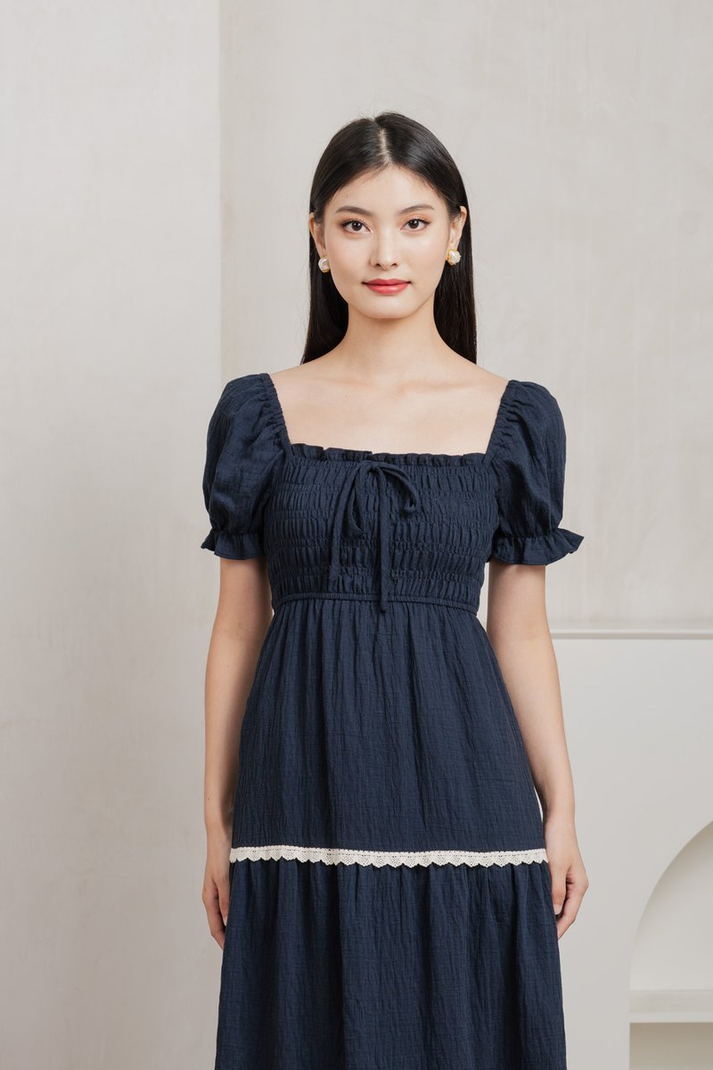 Mary Smocked Cottagecore Midi Dress In Navy