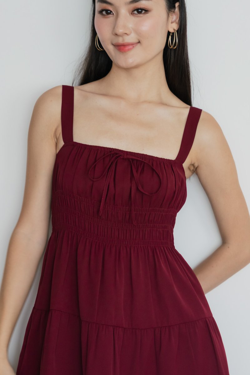 Sunrise Smocked Waist Tiered Dress In Wine