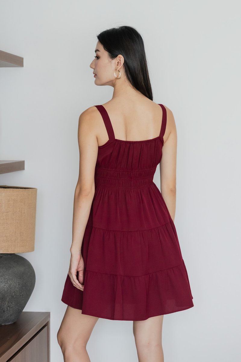 Sunrise Smocked Waist Tiered Dress In Wine