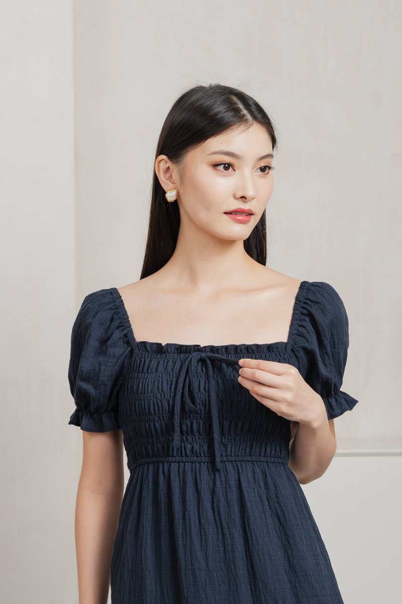 Mary Smocked Cottagecore Midi Dress In Navy