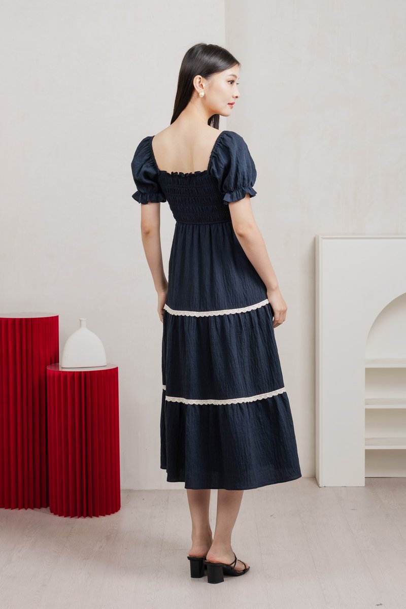 Mary Smocked Cottagecore Midi Dress In Navy