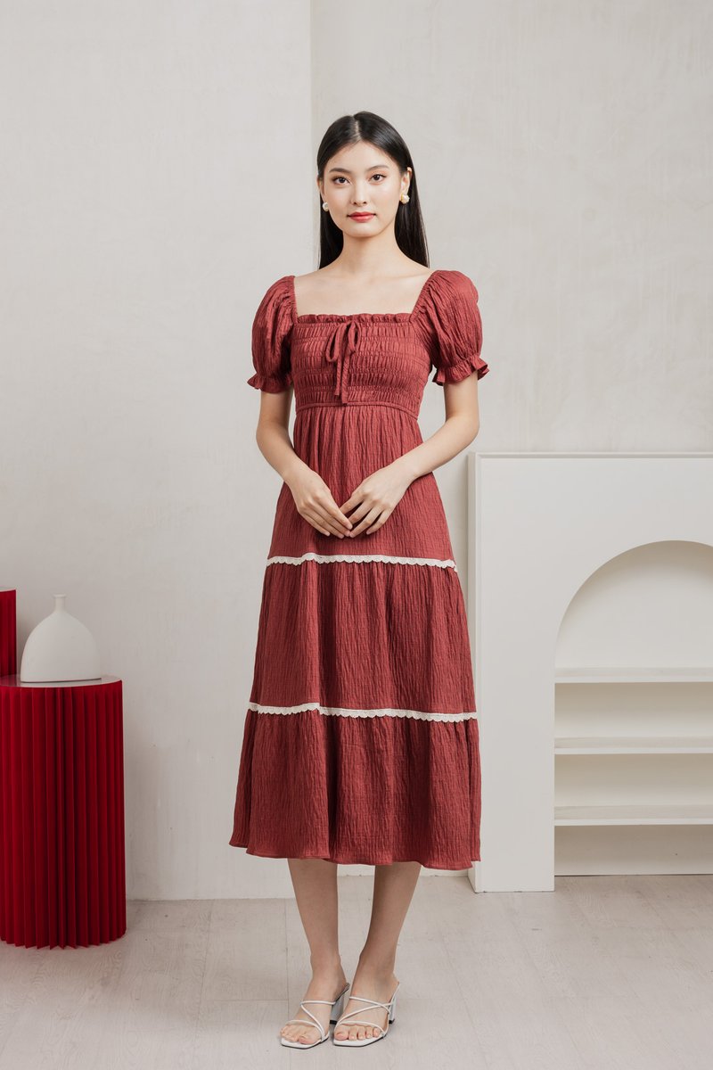 Mary Smocked Cottagecore Midi Dress In Rust