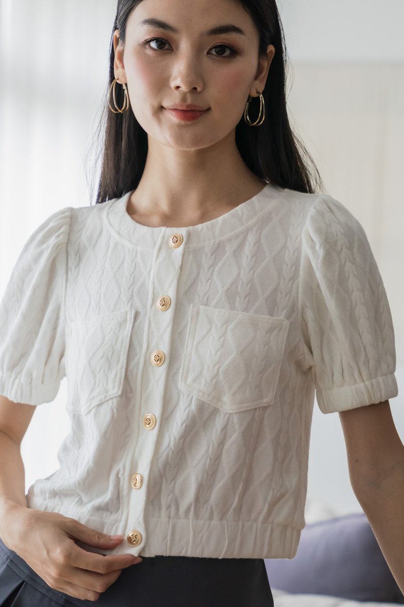 Vaeda Buttons Pocket Knit Top In White