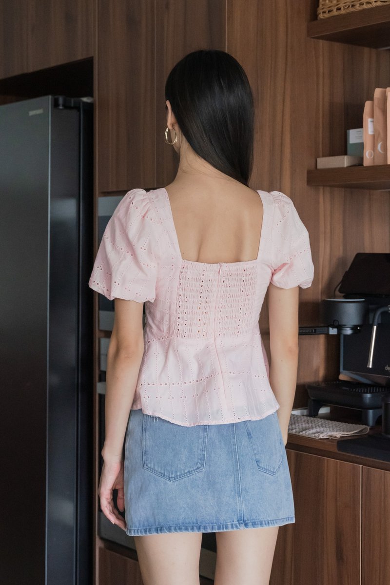 Praise Eyelet Puff Sleeves Top In Light Pink