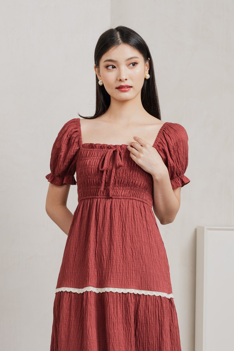 Mary Smocked Cottagecore Midi Dress In Rust