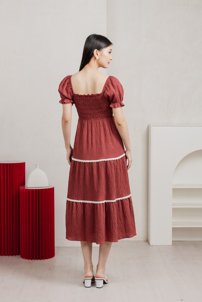 Mary Smocked Cottagecore Midi Dress In Rust